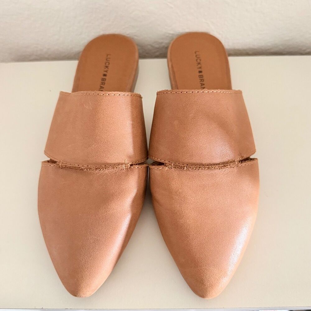 Lucky Brand Leather Mule Slides Women Size 7 Brown Tan Slip On Pointed Toe Fla - Picture 3 of 8